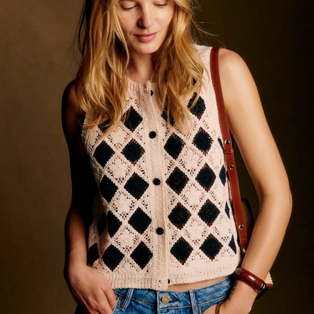 Sezane Black and Cream Argyle Blouse